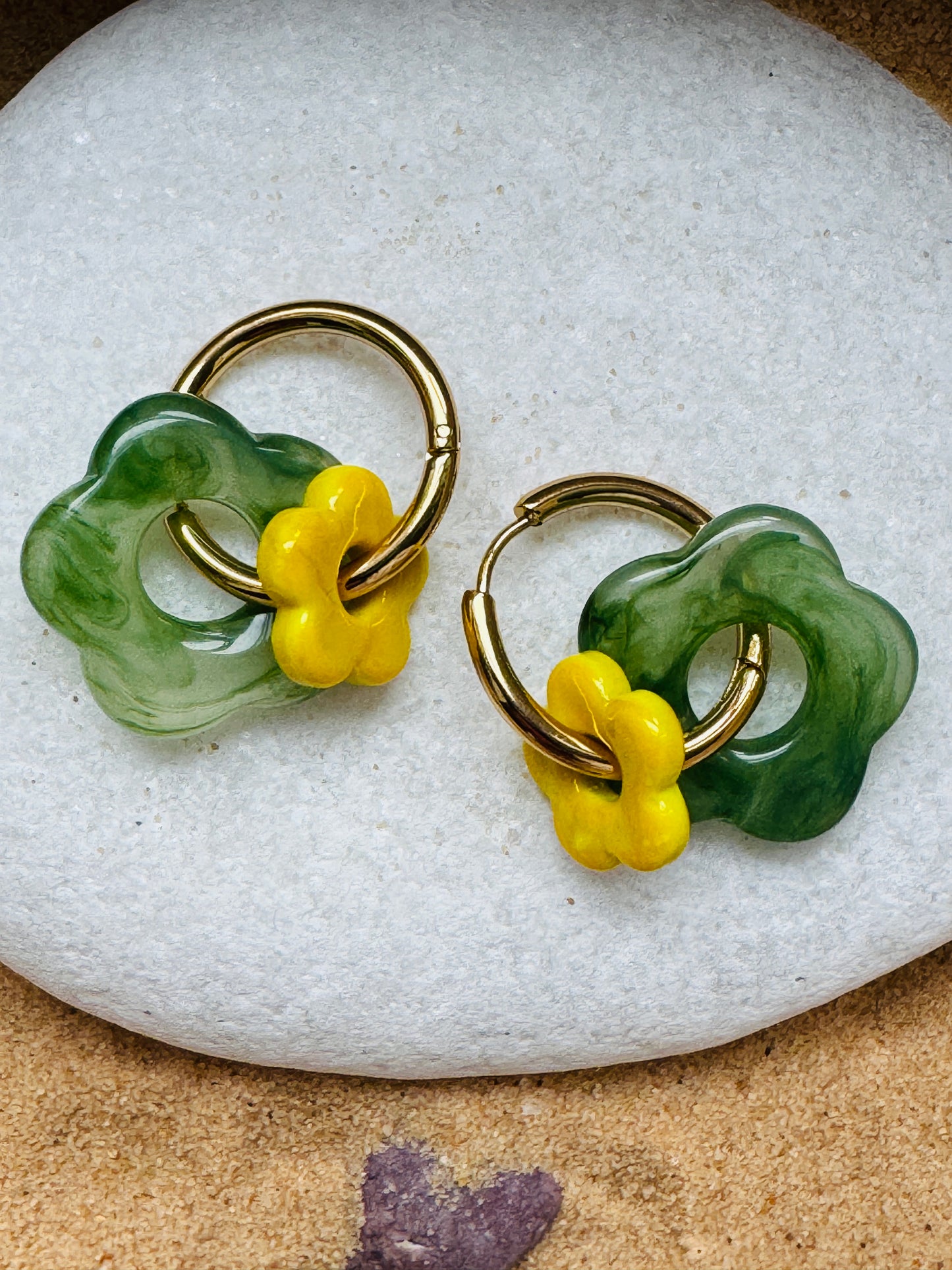 Boucles double fleur vert / jaune