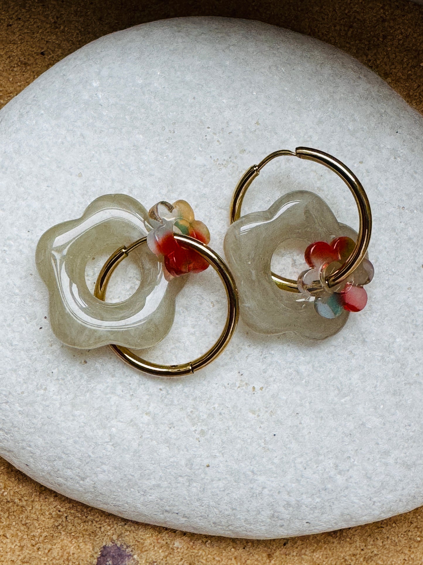 Boucles double fleur gris / rouge
