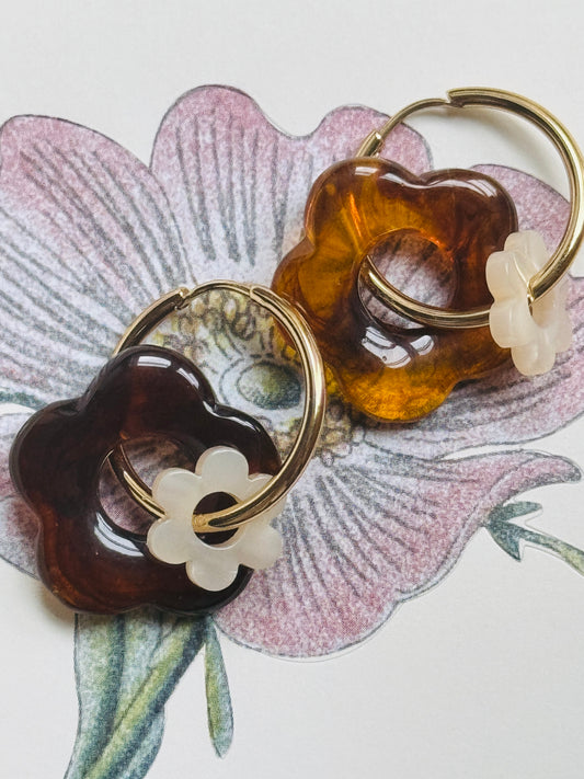 Boucles double fleur marron / blanc