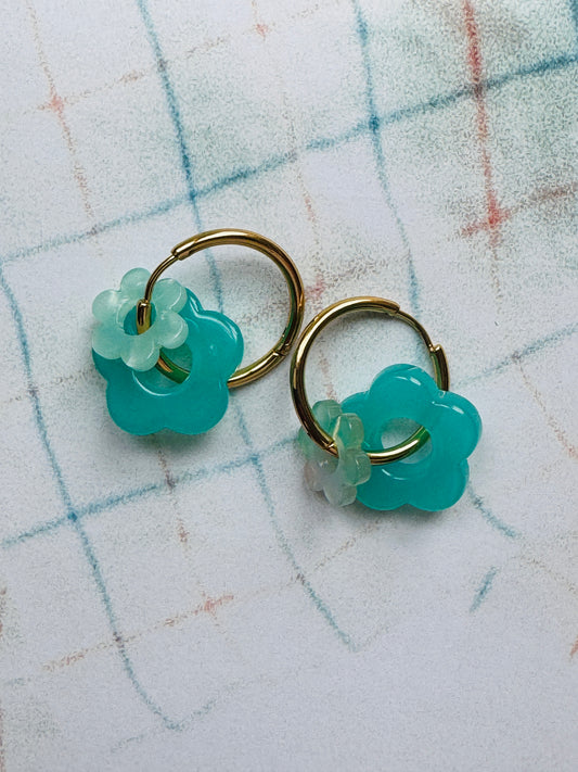Boucles double fleur turquoise