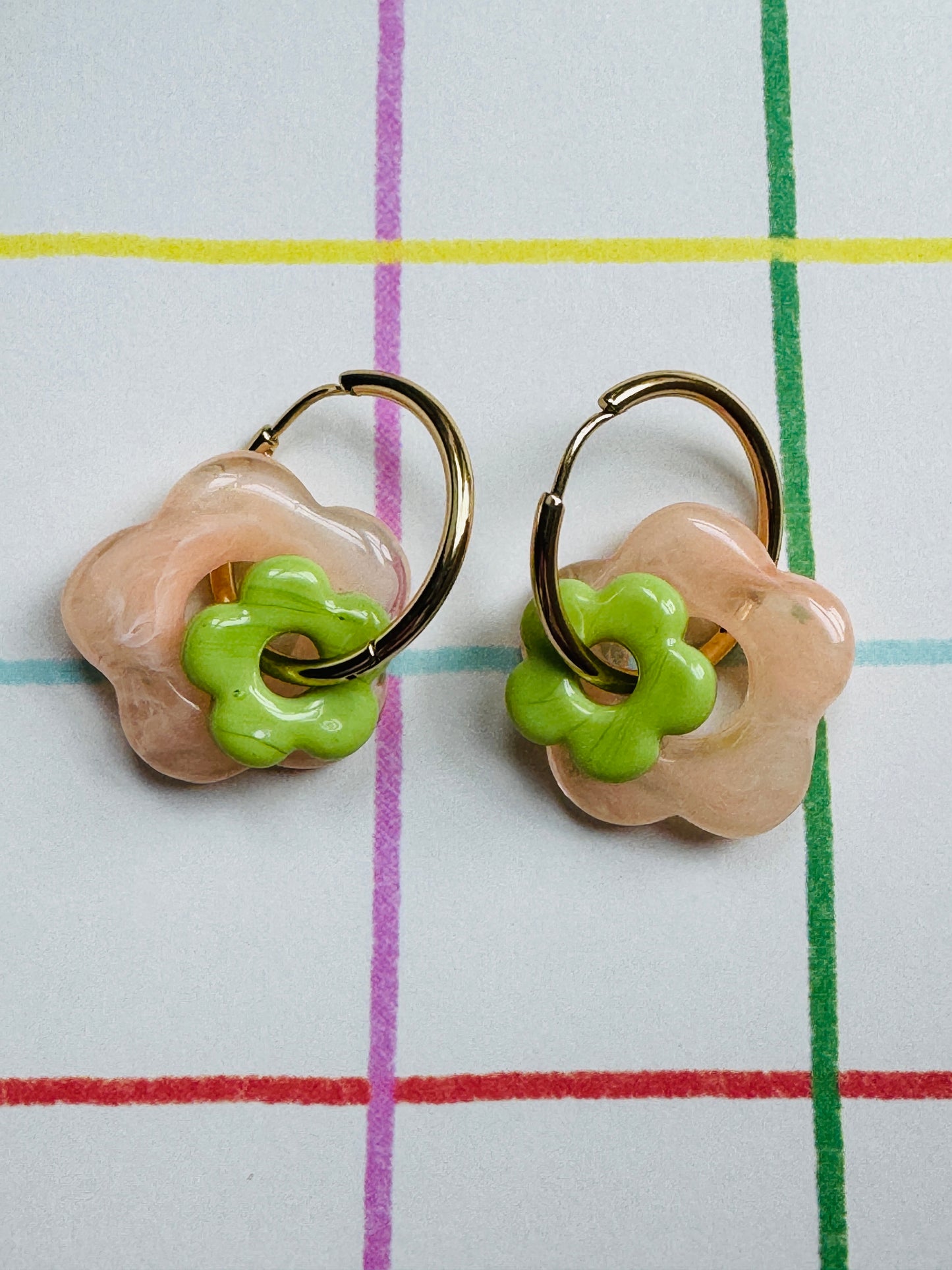 Boucles double fleur rose / vert