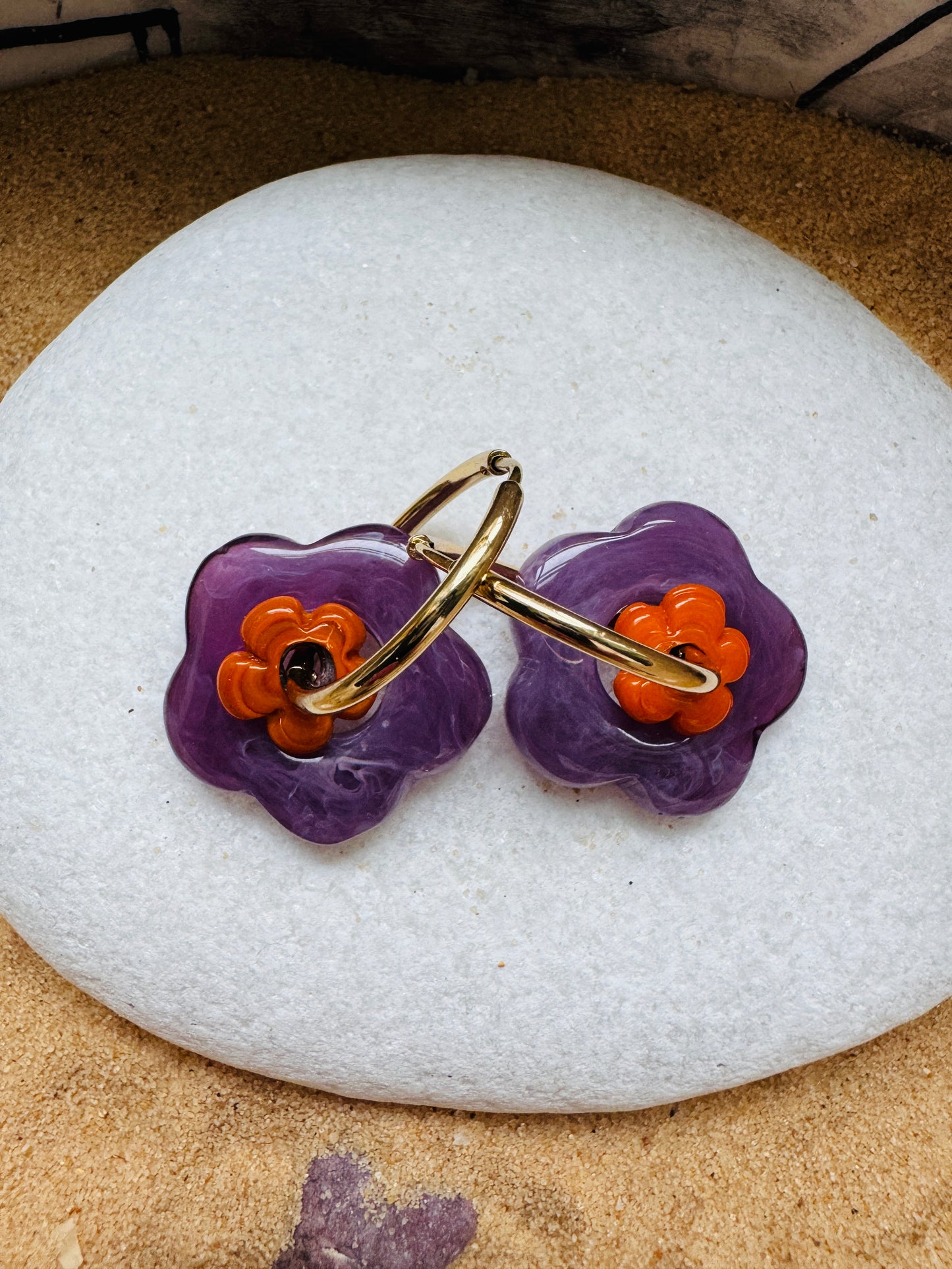 Boucles double fleur violet / orange