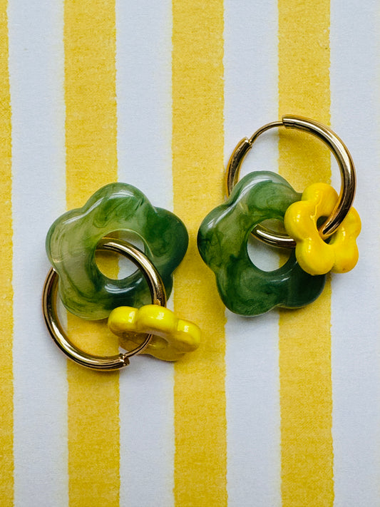 Boucles double fleur vert / jaune