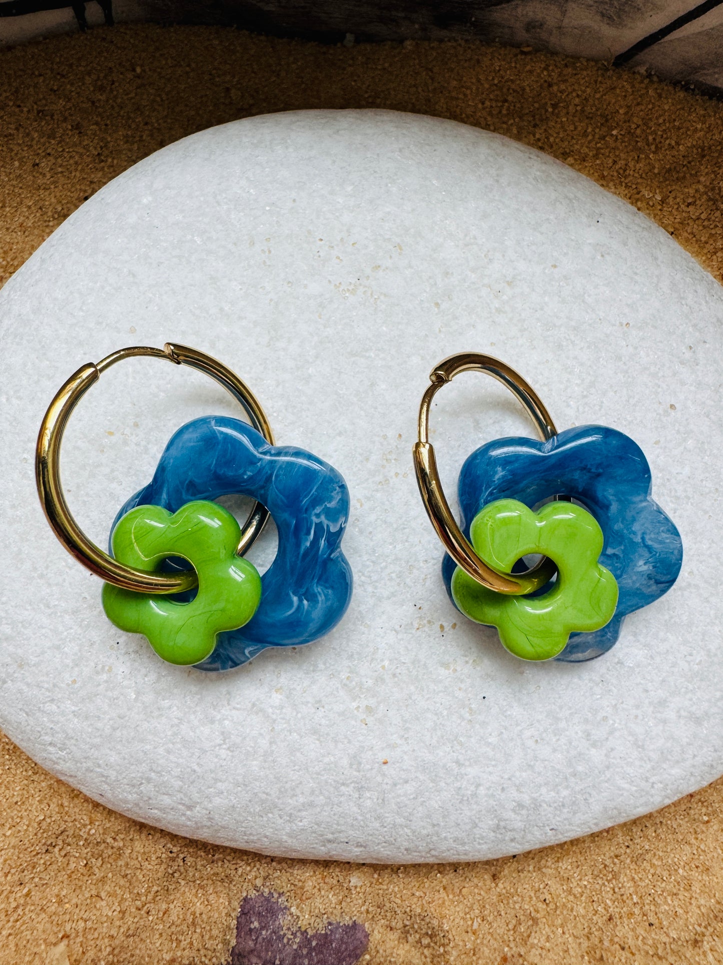 Boucles double fleur bleu / vert