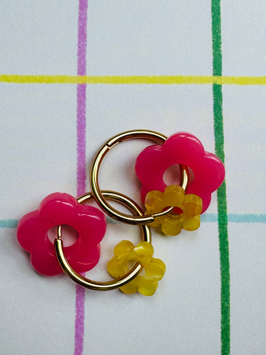 Boucles double fleur fushia / jaune