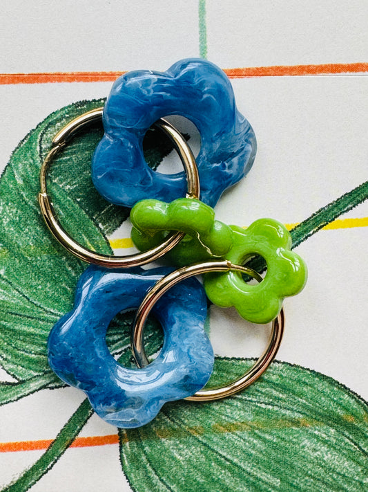 Boucles double fleur bleu / vert