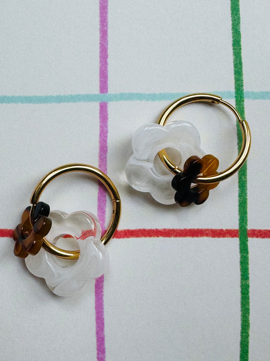 Boucles double fleur blanc / marron