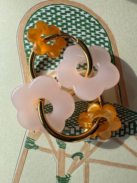 Boucles double fleur rose / orange