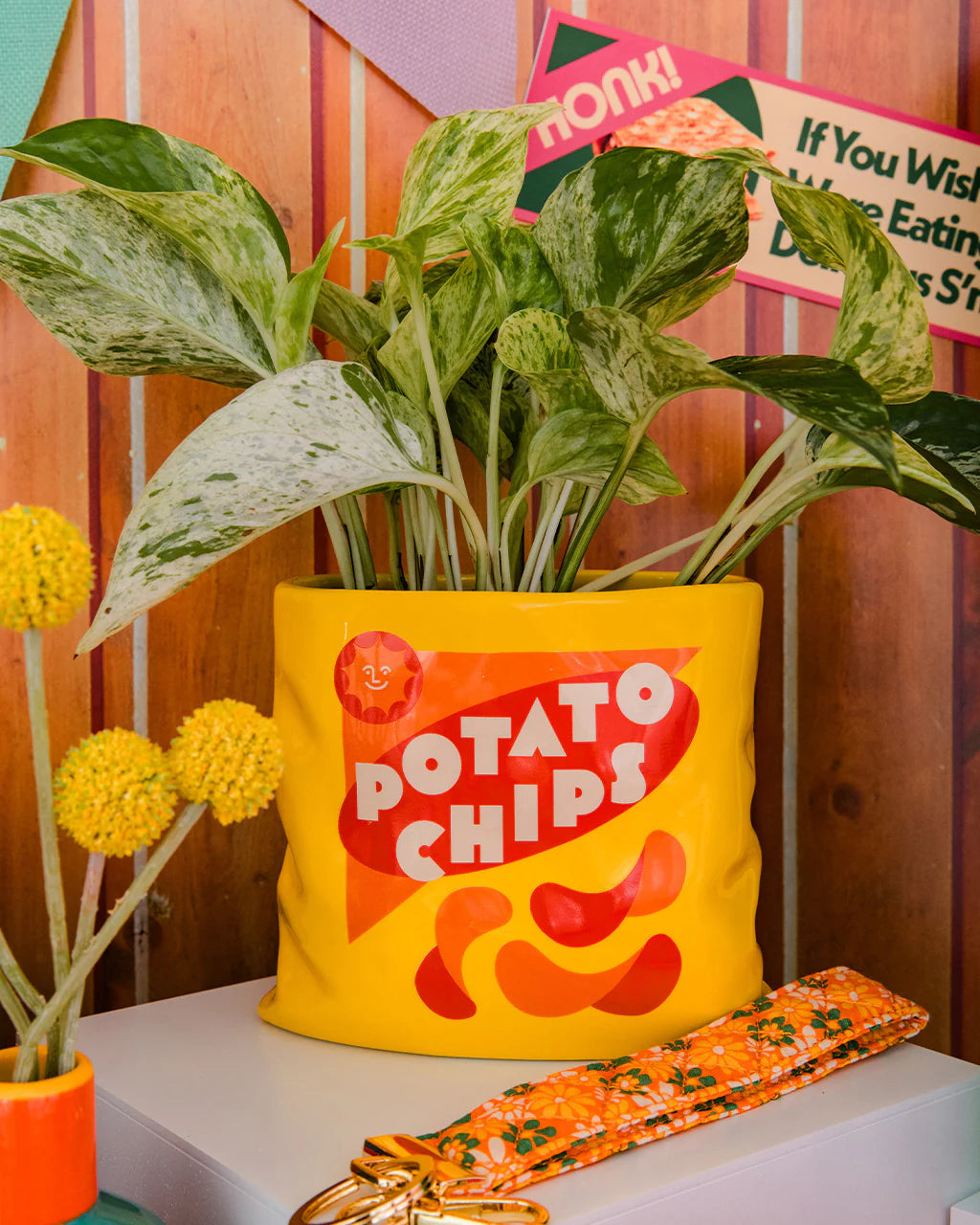 Vase en céramique, chips de pommes de terre