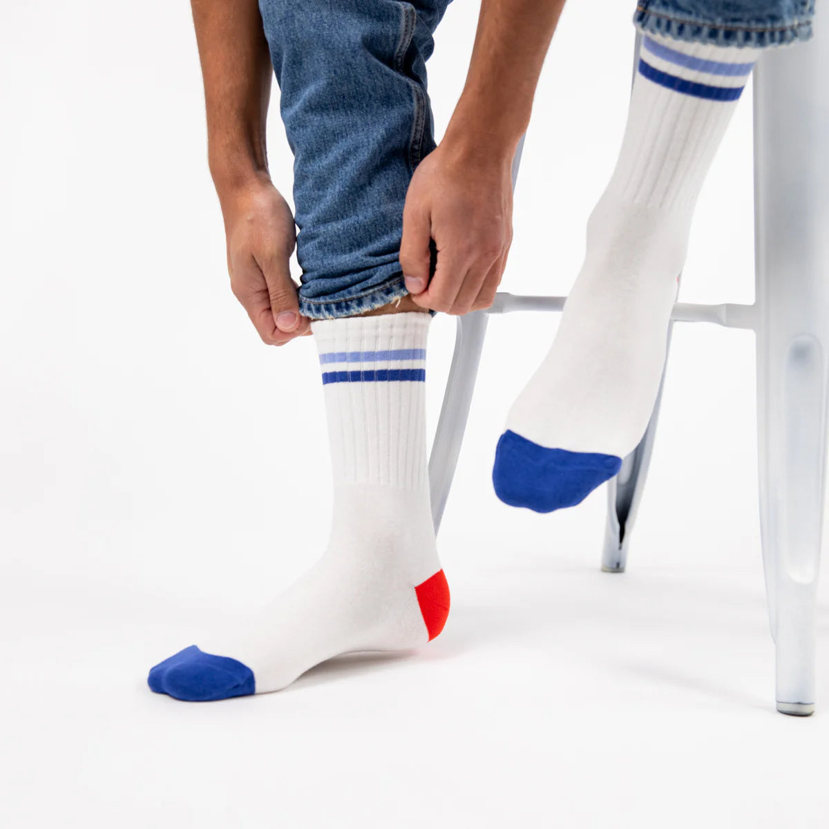 Chaussettes en coton peigné Retro - Blanc, rayé bleu