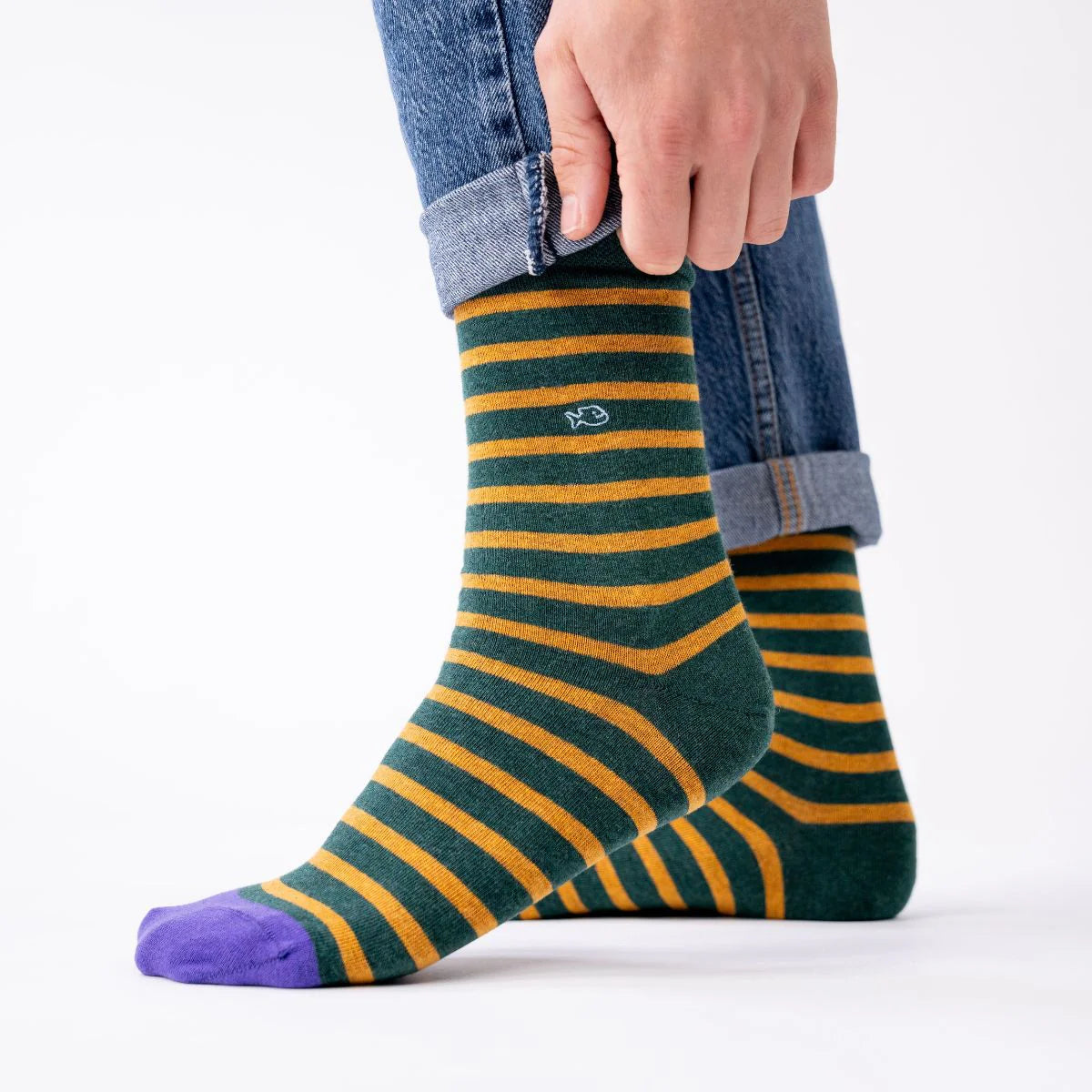 Chaussettes en coton peigné A rayures larges - Vert, rayé jaune
