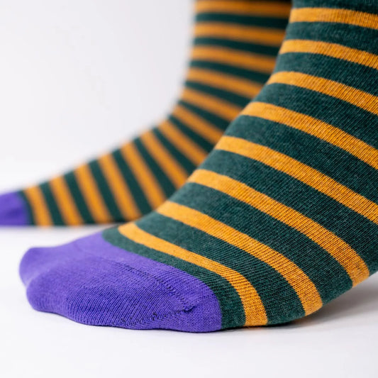Chaussettes en coton peigné A rayures larges - Vert, rayé jaune