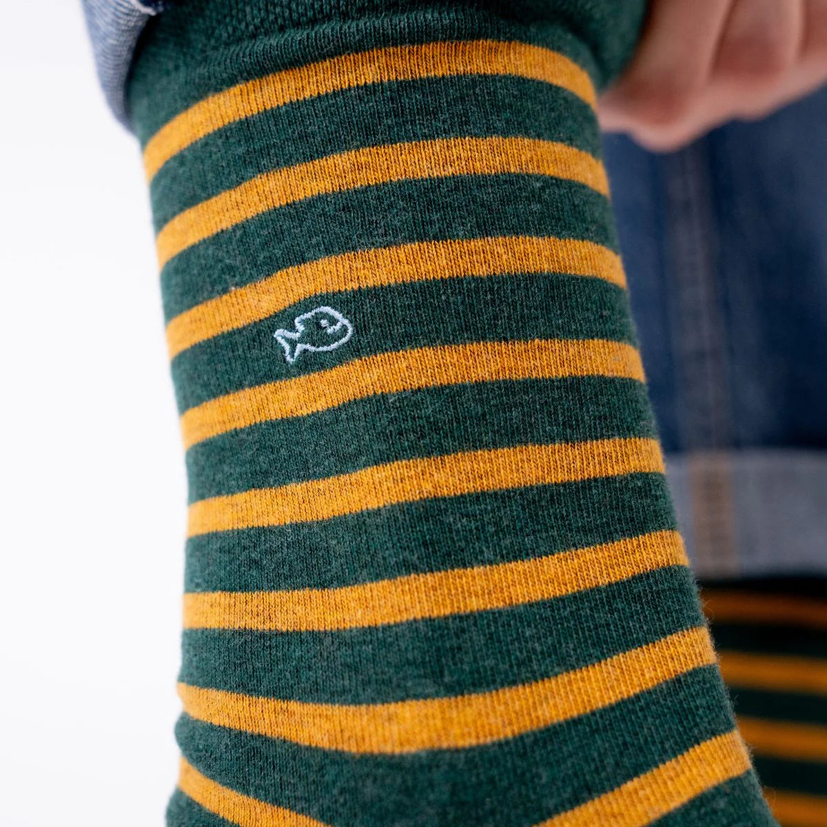 Chaussettes en coton peigné A rayures larges - Vert, rayé jaune