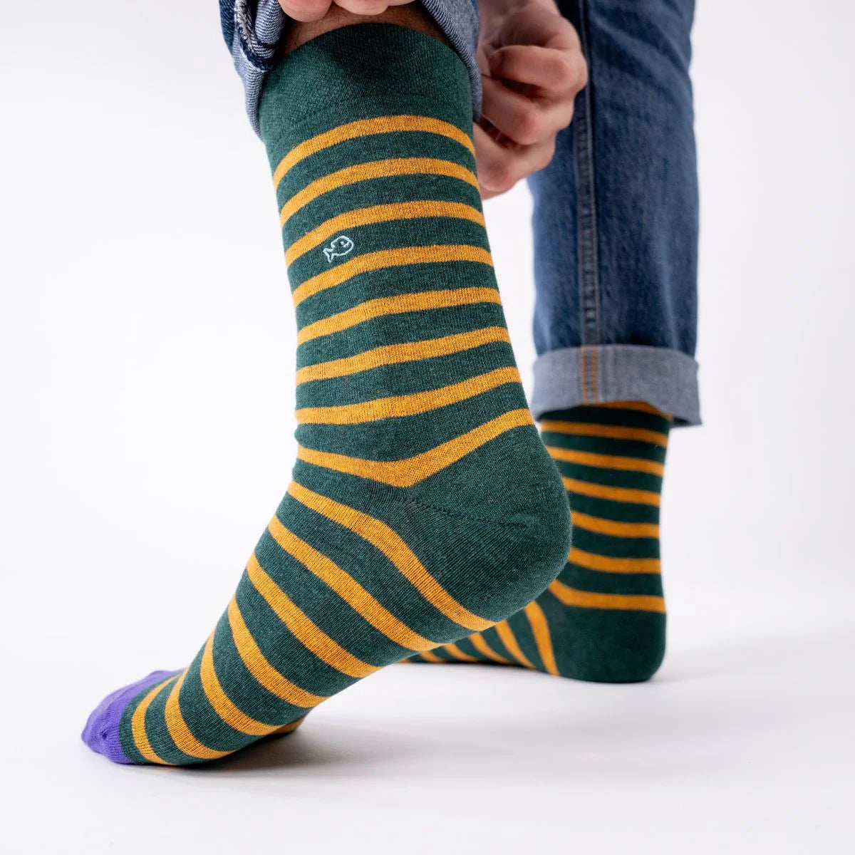 Chaussettes en coton peigné A rayures larges - Vert, rayé jaune
