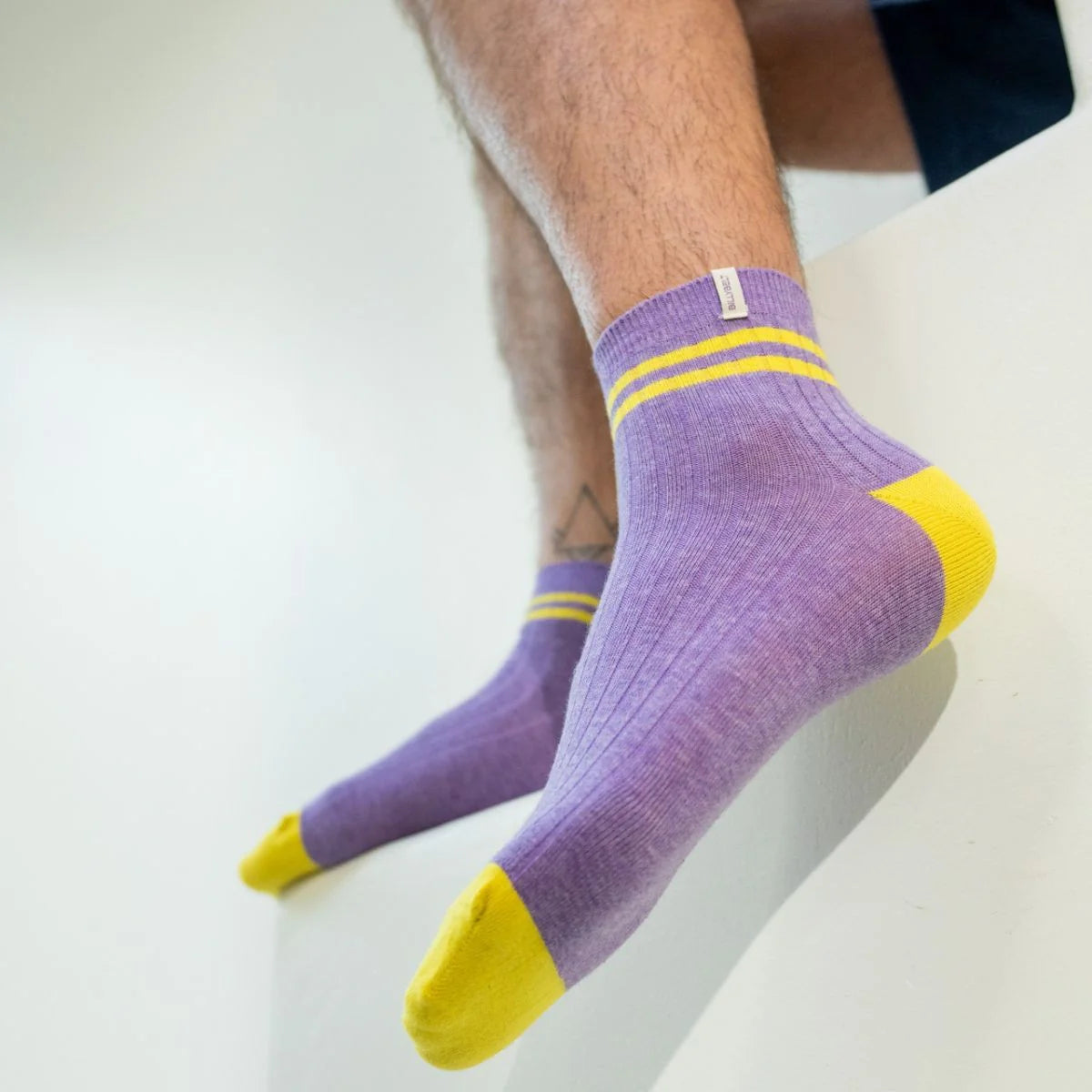 Chaussettes en coton peigné Mi-hautes - Violet, rayé jaune