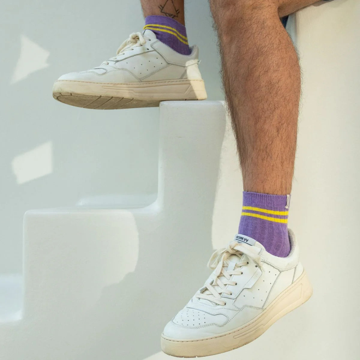 Chaussettes en coton peigné Mi-hautes - Violet, rayé jaune