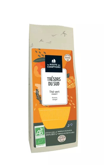 Thé vert TRESORS DU SUD - P'tites douceurs - Romarin, mangue, rhubarbe - Sachet de 100g