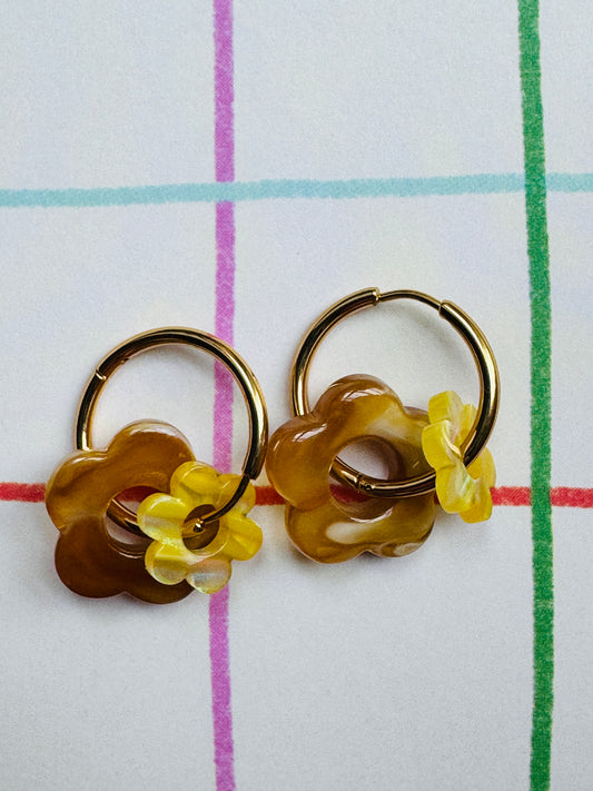 Boucles double fleur marron / jaune