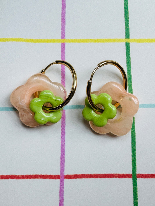 Boucles double fleur rose / vert