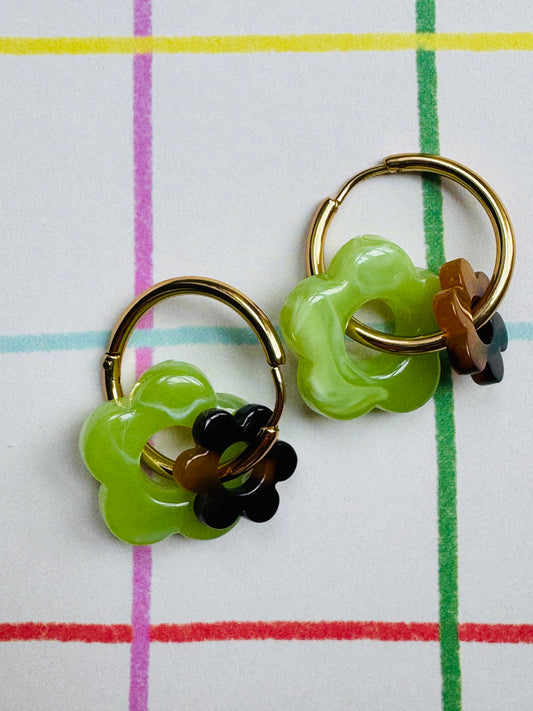 Boucles double fleur vert / marron