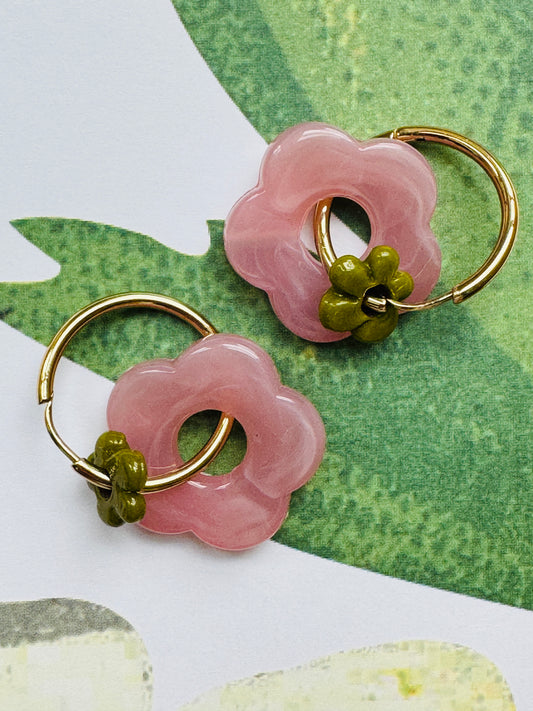 Boucles double fleur rose / vert